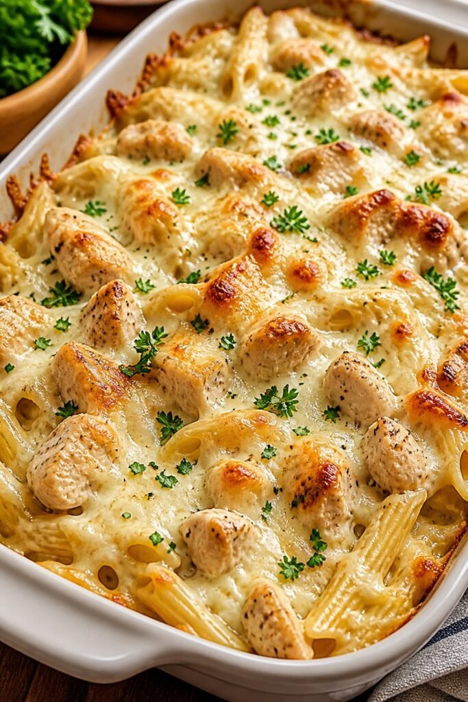 Chicken Alfredo Pasta Bake with Creamy, Cheesy Perfection